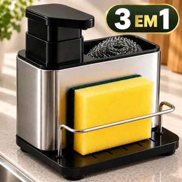 Dispenser Detergente 3 em 1 com Porta Esponja Organizador de Pia em Aço Inox para Cozinha Sabão Líquido e Utensílios — Cozinha