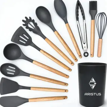 Kit 12 Utensílios De Silicone Com Cabo De Madeira - Marca Aristus Com Alta Resistência, Durável E Com Design Moderno, Perfeito Para Sua Cozinha Cor Cinza — Cozinha