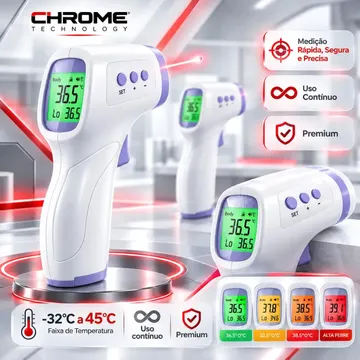 Termômetro Infravermelho Sem Contato Digital Medição Rápida Alta Precisão Display Lcd Memória Alarme Sensor Chrome Technology — Medições e Instrumentação