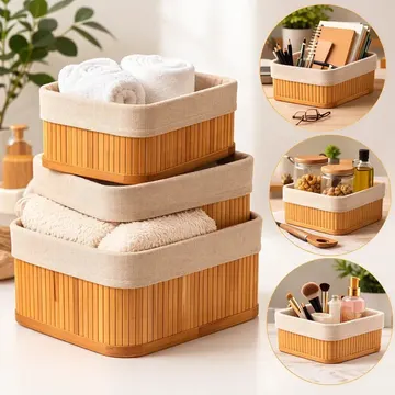 Kit 3 Cestos Organizadores de Bambu Retangulares com Forro Lavável Multiuso Organizar Casa Banheiro Cozinha Guarda-Roupa Lavanderia Armazenamento de Objetos - N — Enfeites e Decoração da Casa