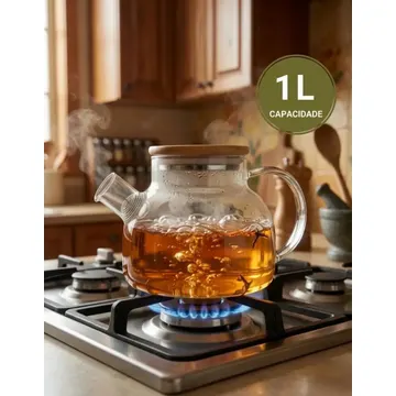 Bule Chaleira 1L Vidro Com Infusor E Tampa Bambu Chá Alça Café PÍTIA — Cozinha