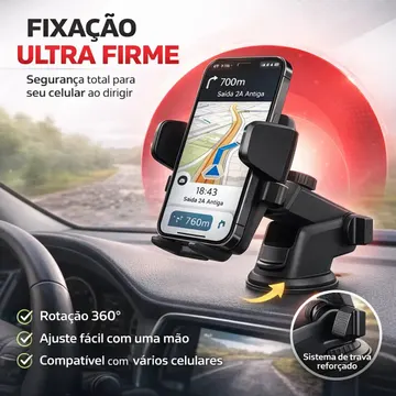 Suporte de Celular Veicular Automotivo 360º Universal Ajustável com Ventosa Gruda no Painel Vidro Parabrisa para GPS Encaixe Giratório Articulado com Trava Auto — Acessórios para Celulares