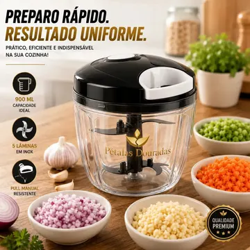 Triturador de Alimentos Manual 900ml com 5 Lâminas Inox – Picador de Cebola Alho Legumes e Temperos Pétalas Douradas Fatiador Cortador — Utensílios úteis