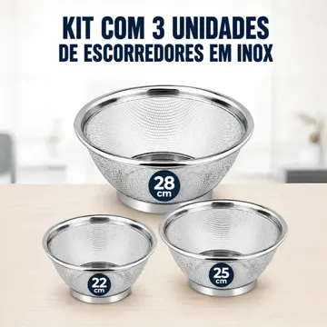 Kit C/ 3 Unidades Escorredor de Alimentos Arroz Macarrao Massa Peneira Inox Cozinha 22/25/28cm Boa Dica — Utensílios úteis