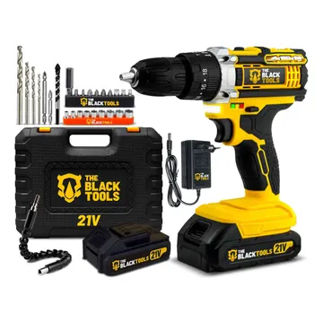 Furadeira Parafusadeira De Impacto 21v Com 2 Baterias Velocidade Ajustável 3/8 10mm Maleta E Acessorios Profissional The Black Tools — Ferramentas Elétricas