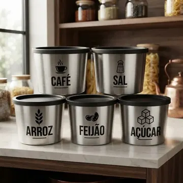Kit Porta Mantimentos 5 Peças Redondo Com Decoração 1,5 Lt Prateado