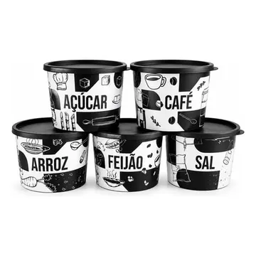 Kit Porta Mantimentos 5 Peças Redondo Com Decoração 1,5 Lt Preto