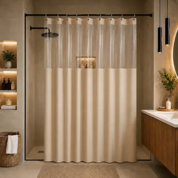 Cortina Box Banheiro Lisa Antimofo Com Visor Transparente - PVC Leve e Elegante Bege 138x198cm — Banheiros