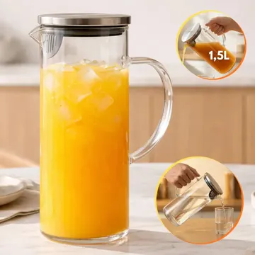 Jarra Vidro Borossilicato 1,5 Litros Tampa Inox Hermética Agua Suco Transparente — Cozinha