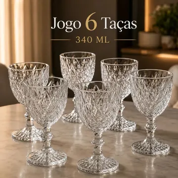 Jogo 6 Taças De Vidro Diamond 340 ml Com Pé Lapidadas Transparentes Textura Diamante Em Relevo Para Vinho Água Suco Espumante Champanhe Gin E Drinks Kit Conjunt