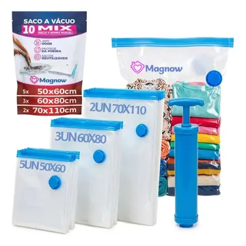 Magnow Pack Kit 10 Sacos a Vácuo com Bomba Manual, Tamanhos 50x60, 60x80 e 70x110, para Viagem, Mala, Guarda-Roupa, Edredom e Casaco — Organização para Casa