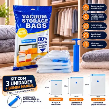 Kit 3 Sacos a Vácuo Organizador de Roupas com Bomba Manual para Cobertor e Viagem — Organização para Casa