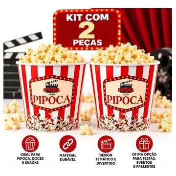 Kit 2 Baldes De Pipoca 3 Litros Pote Popcorn Cinema Filme Branco