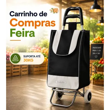 Carinho de Compras Feira Cesto Grande Dobrável Reforçado Resistente 30KG de Lona Multiuso Mercado com Rodas Portátil Preto Evolufix