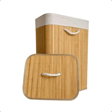 Cesto de Roupa Bambu Retangular de 72L com Tampa e Forro de Linho — Banheiros