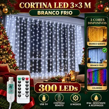 Pisca Cortina 300 Leds 3x3m Usb Ip44 8 Modos Iluminação Luzes Fada Decoração De Natal Festa Branco Frio Luvinco — Enfeites e Decoração da Casa