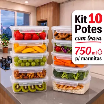 Kit 10 Potes 750ml Com Tampa Trava Plástico Transparente Para Mantimentos E Alimentos Marmita Organizador De Cozinha Geladeira E Freezer Jogo De Potes Para Orga — Cozinha