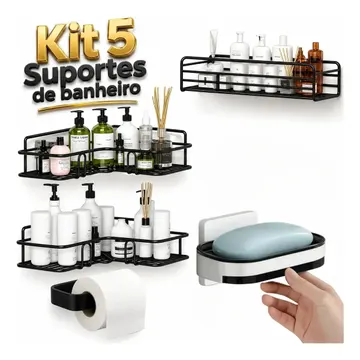 Kit 5 Suporte Porta Shampoo + Saboneteira Prateleira Banheiro Adesivo Parede Sem Furar Box Luxo Cor Preto — Banheiros