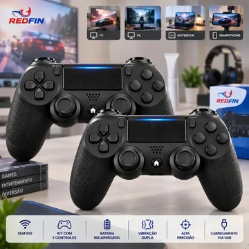 Kit 2 Controle Para Ps4 Sem Fio Pc Bluetooth Vibração Dupla Joystick Compatível Ps4 Videogame Tv Pc Celular Android Manete Smart Tv - Preto Redfin — Controles de console
