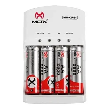 Carregador de Pilhas AA AAA 9V Bivolt MOX com 4 Pilhas Recarregáveis — Pilhas e Carregadores
