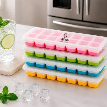 Kit 4 Forma De Gelo Fundo Silicone 14 Cubos Tampa Rígida Multicolor Wow World Of Wonders — Cozinha