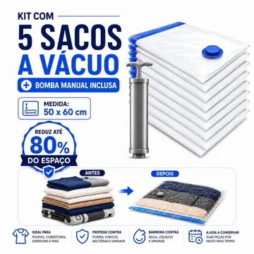 Kit 5 Sacos à Vácuo 50x60cm + Bomba manual Inclusa Organização Roupas Edredons Cobertores Mala Viagem Edredons Saco Organizador — Organização para Casa