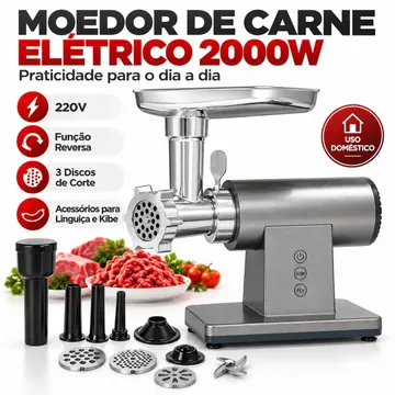 Moedor de Carne Elétrico 2000W 220V Máquina de Moer Carne para Linguiça Kibe Hambúrguer Carne Moída com Função Reversa Discos e Acessórios Uso Doméstico - Holot — Moedores de carne