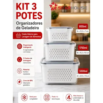 Kit 3 Organizadores Geladeira Alimentos Legumes Verduras Frutas Transparente Com Tampa Trava Hermético Escorredor - Starhouse — Utensílios úteis