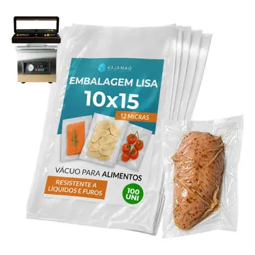 Embalagem A Vacuo Lisa Saquinhos 10x15 Para Seladora Camara Bico Sucçao 100 Unidades Nylon Poli Transparente BPA Free Para Conservaçao Alimentos Freezer Sous Vi — Organização para Casa
