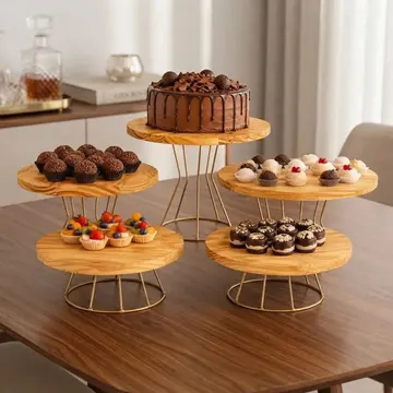 Kit Boleira Suporte Mesa 5 Peças Ferro E Madeira Dourado Festa Bolos — Cozinha