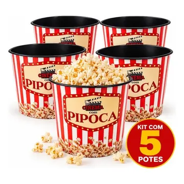 Kit 5 Baldes Recipiente 1,5l Para Pipoca Pote Popcorn Vermelho