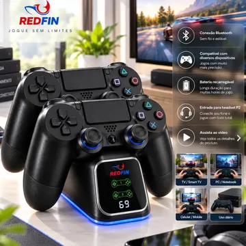 2 Controles Redfin Sem Fio com Bluetooth para PS4, PC e Smart TV + Base Carregadora Dupla — Controles de console