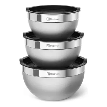 Electrolux Kit 3 Bowls Tigelas de Aço Inox com Tampa Plástica, 1,4L, 2L e 2,6L — Cozinha