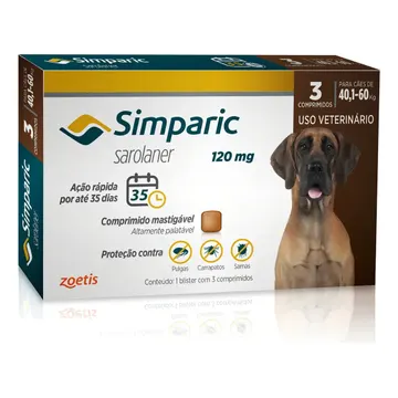 Antipulgas Simparic zoetis 40 a 60kg Cães 120mg 3 comprimidos — Cães