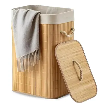 Cesto Roupa Bambu Retangular Dobrável Eps-3903 Com Tampa Alças 60l Bege — Banheiros