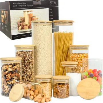 Kit 10 Potes Herméticos Vidro Tampa Bambu Seiri Para Mantimentos Cozinha — Utensílios úteis