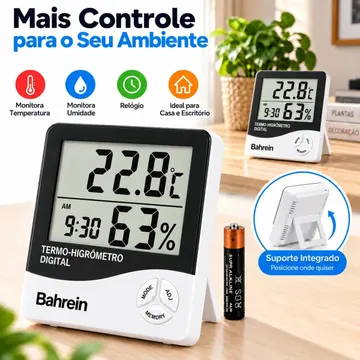 Termo Higrômetro Digital Bahrein para Medir Temperatura e Umidade com Relógio — Medições e Instrumentação
