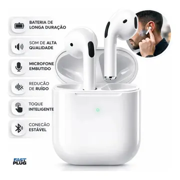 Fone De Ouvido Bluetooth Bateria de Longa Duração Pro 4 Branco Conecta Rápido Fast Plug Com Case Carregador E Microfone — Áudio