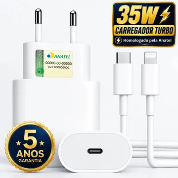Carregador Turbo 35w Compatível iPhone Usb-c Com Cabo 1m Bivolt Carregamento Turbo Compatível iPhone 7 8 X Xr 11 12 13 14 Branco - Hitech — Acessórios para Celulares